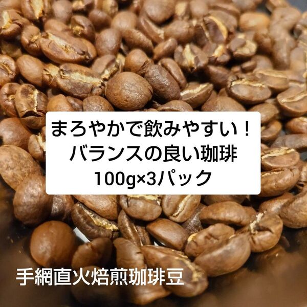 手網直火焙煎珈琲豆バランスの良い珈琲100g×3パック