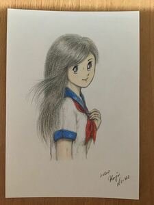 Art hand Auction 手書きイラスト･女の子 ★セーラー服の少女 NO .43 ★鉛筆･色鉛筆･ボールペン ★画用紙 ★サイズ16.5×11.5㎝ ★新品, コミック, アニメグッズ, 手描きイラスト