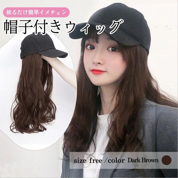 帽子付き ウィッグ キャップ ダークブラウン ゆるふわ カール ウェーブ ロング エクステ イメチェン アレンジ 医療用帽子 白髪
