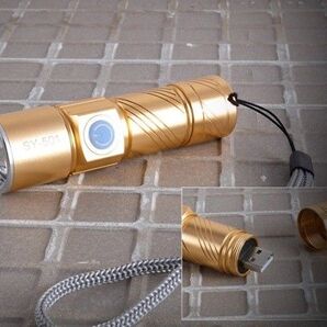 懐中電灯 led 強力 軍用USB充電式 防水 携帯 防災 スキー ゴールド364684