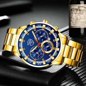 新品 DEYROS クロノグラフ ビジネス 腕時計メンズ ゴールド/ブルー479338930