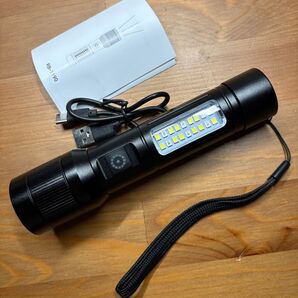 LEDライト 懐中電灯 ブラック アルミ合金 1000lm 防水 フォーカス機能 サイドライト ランタン 救助信号灯 アウトドア