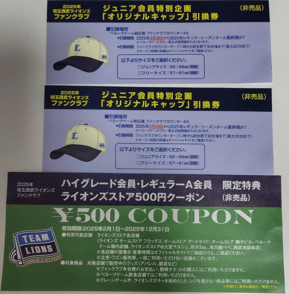 【3点セット(バラ不可)】埼玉西武ライオンズ ジュニア会員 オリジナルキャップ引換券 500円クーポン
