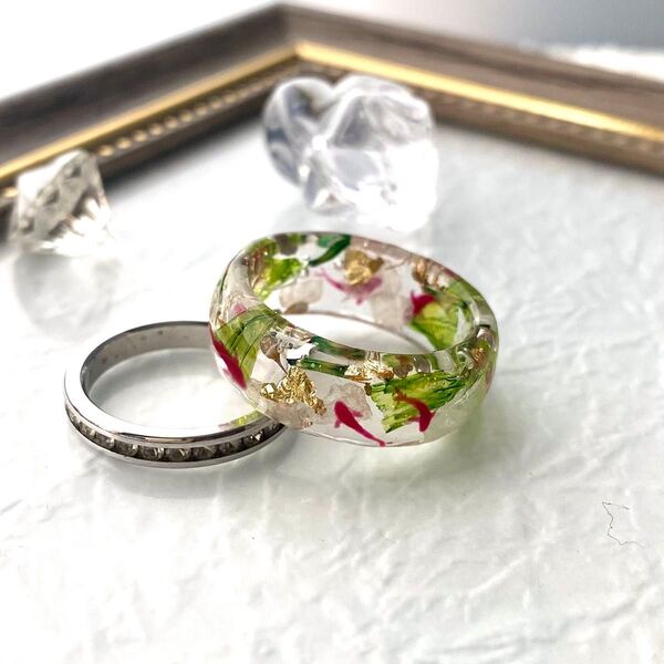 ハンドメイド レジン リング 指輪金魚 金箔 金魚鉢 16号
