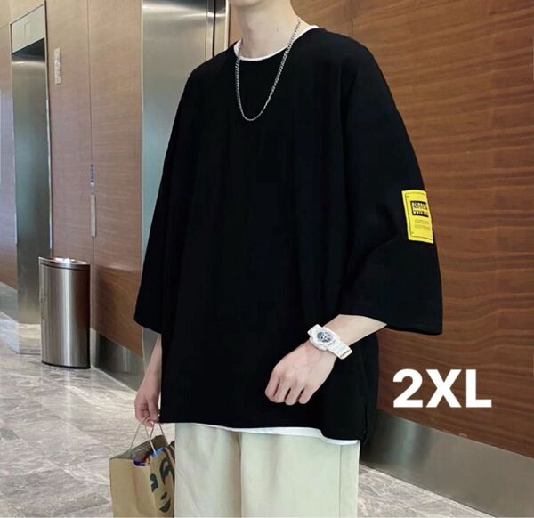 2XL 黒 メンズ オーバーサイズ Tシャツ 半袖 韓国 ストリート