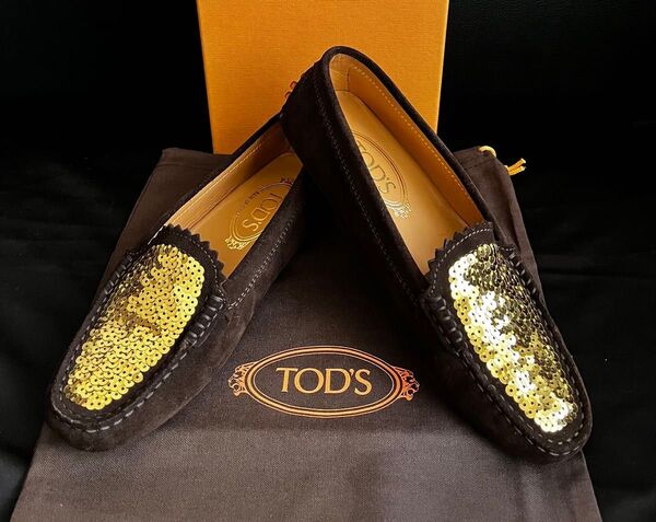 TOD’S トッズ スエード ゴンミーニ ドライビングシューズ ブラウン Golden Spangle ローファー フラット
