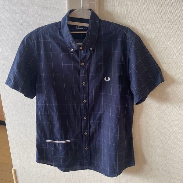 FRED PERRY フレッドペリー 半袖シャツ ギンガムチェック M ネイビー