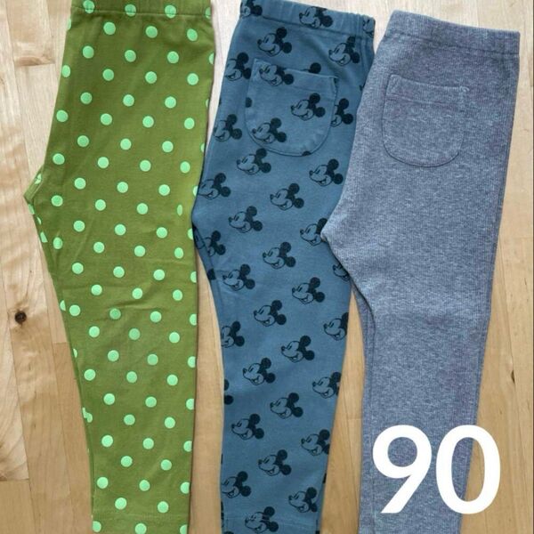 90 UNIQLO レギンスパンツ Disney ミッキー ドット柄 水玉 グレー グリーン ブルー