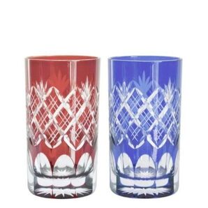 田島硝子 江戸切子 重ね矢来文様 菊底 タンブラーグラス ペア 瑠璃/赤 木箱