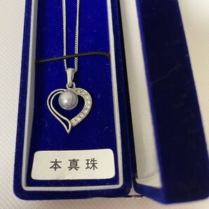 本真珠 ネックレス シルバー ハート ラインストーン グレー