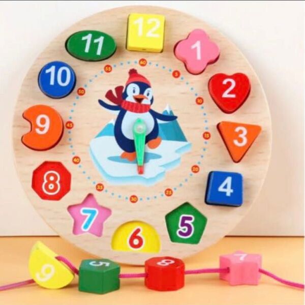 木製 時計 型はめ パズル 知育玩具 ひも通し 数字 知育 モンテッソーリ 脳トレ パズル 立体 教育 紐通し 幼児 小学生 子供