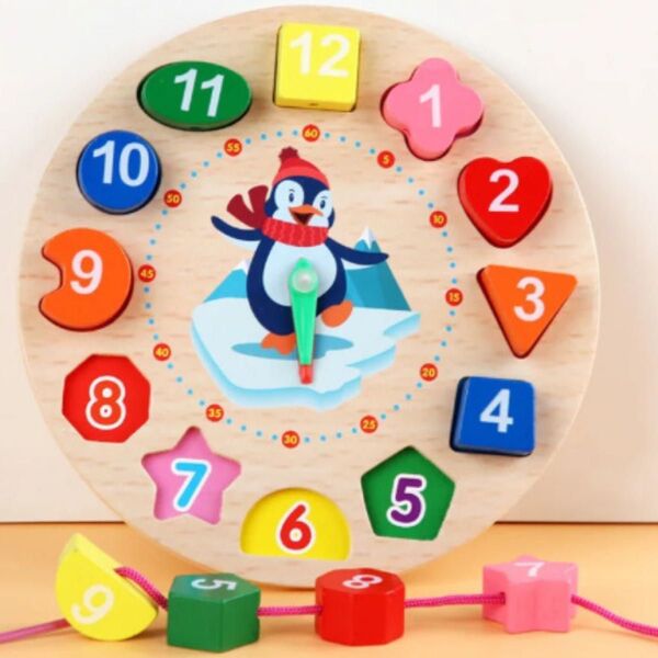 木製 時計 型はめ パズル 知育玩具 ひも通し 数字 知育 モンテッソーリ 立体 教育 キッズ