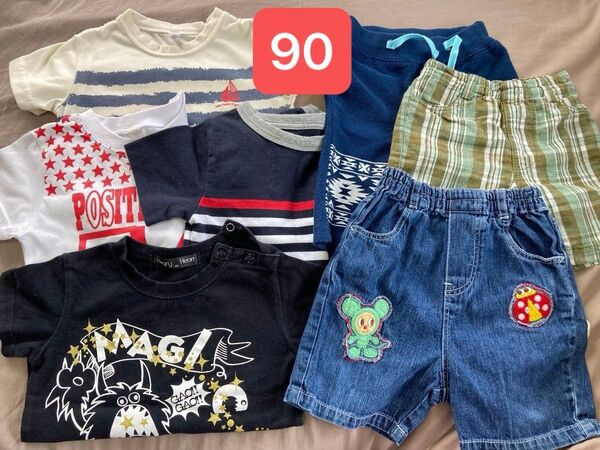 90cm子供服7枚まとめ売り 半袖Tシャツ4枚.ハーフパンツ3枚男の子女の子MINI-Kミキハウス星ボーダーチェック7点90サイズ