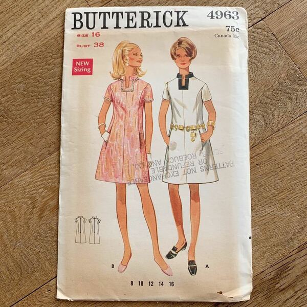 60s Butterick バタリック 輸入 型紙 ビンテージ 手芸 縫製 USA パターン 手作り ハンドメイド レトロ インポート ステージ衣装 ワンピース