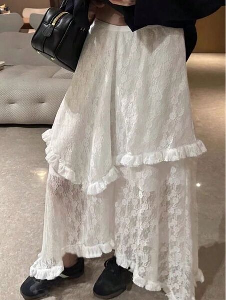 SHEIN シーイン FRIFUL アシンメトリーヘムスカート レース 非対称