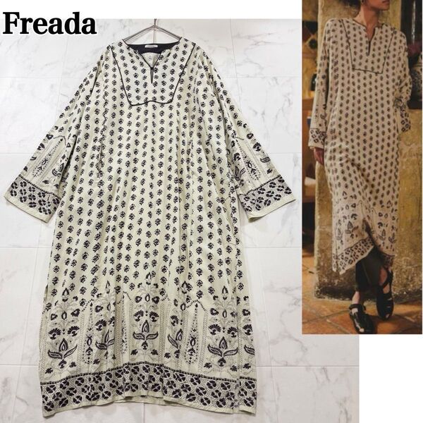 Freadaフリーダ インドレーヨンプリントカフタンワンピース ベージュ