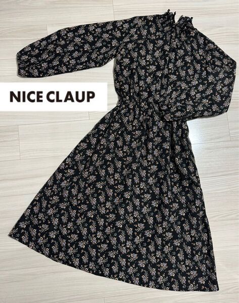 NICE CLAUP(ナイスクラップ) 花柄ワンピース 長袖 黒