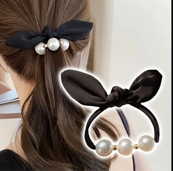 ☆ヘアゴム ブラック パール リボン ヘアアクセ 髪留め シュシュ