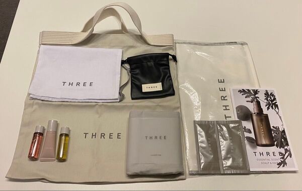 THREE スリー サンプル5点(新作シャンプー/クレンジング/洗顔/化粧)&ノベルティ5点(エコバッグ3点/巾着ポーチ2点)