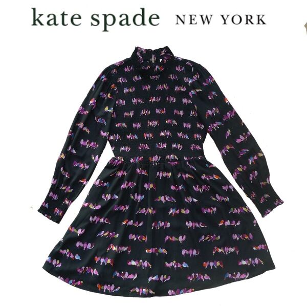 ケイトスペード 黒 鳥柄 長袖 ワンピース 2号 ☆美品 kate spade
