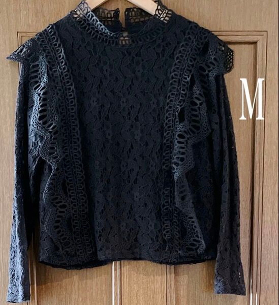 レースブラウス シャツ長袖 ブラック 黒 Mサイズ レディース クルーネック トップス 総レース ハイネック しまむら