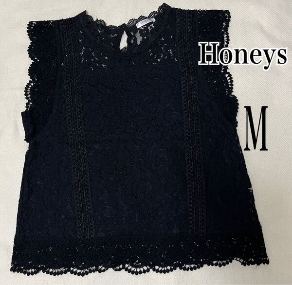 Honeys ハニーズ グラシア レース ブラウス プルオーバー シャツ トップス ノースリーブ 黒 ブラック シャツ 袖レース