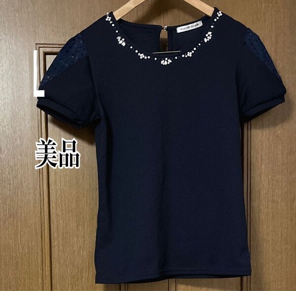 しまむら トップス プルオーバー レディース カットソー Tシャツ ビジュー付き 半袖 袖 シアー ネイビー Lサイズ ★美品