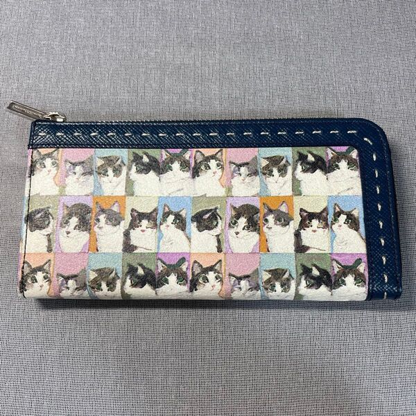 新品未使用品 マンハッタナーズ 長財布 L字ラウンドファスナー 猫デザイン 本革 L字ファスナー ウォレット