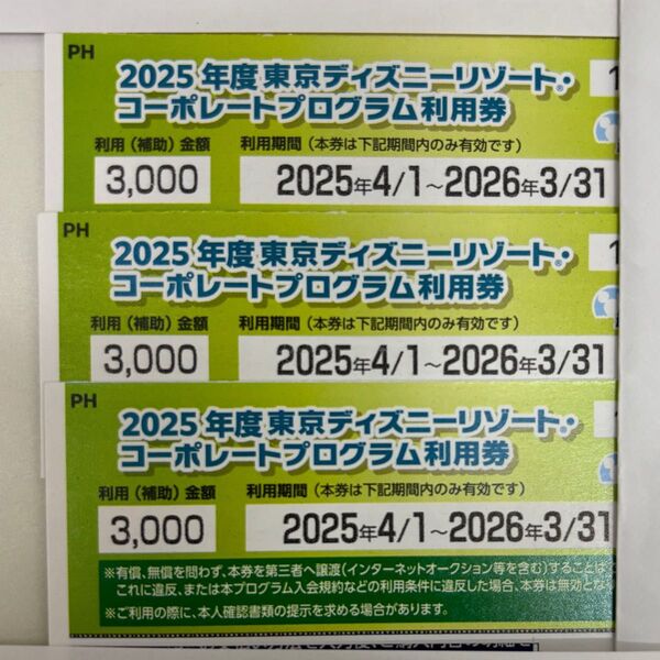 2025年度 東京ディズニーリゾート・コーポレートプログラム利用券9000円分(3000円×3枚)【訳あり】