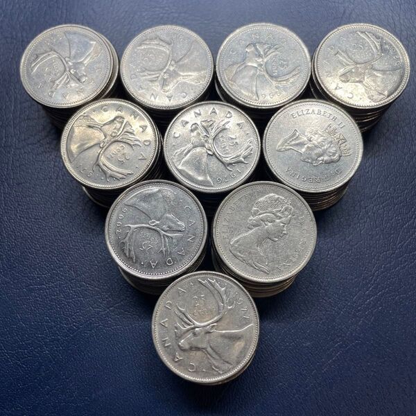 カナダ 25セントまとめ100枚 外国硬貨 旧貨幣