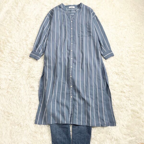 アダムエロペ ストライプ サイドスリットシャツワンピース キーネック