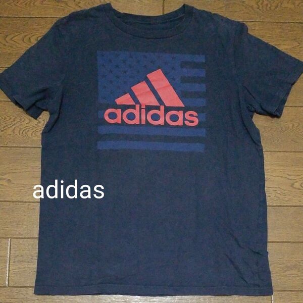 adidas ロゴプリントTシャツ メンズ レディース 紺系 NO-2529