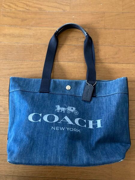 COACH デニム トートバッグ コーチ 花柄 肩掛け キャンバス インディゴ