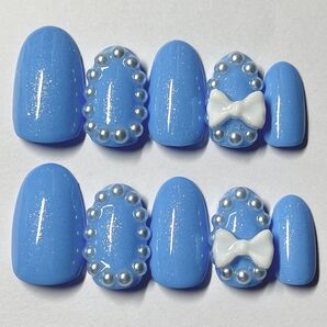 No154.ネイルチップ 水色ブルーラメキラキラパールリボンシンプルガーリー