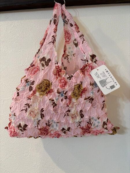 絞り クシュクシュ エコバッグ ピンク系 花柄