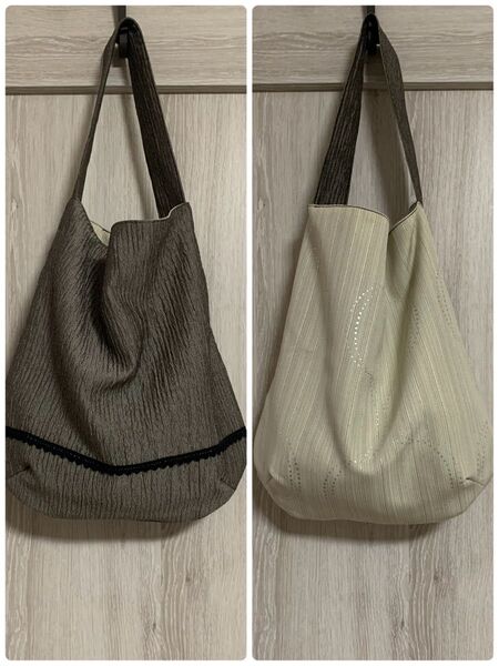 ハンドメイド ワンハンドル リバーシブル ショルダートートバッグ エコバッグ No.61 楊柳ブラウン×シルバードット柄