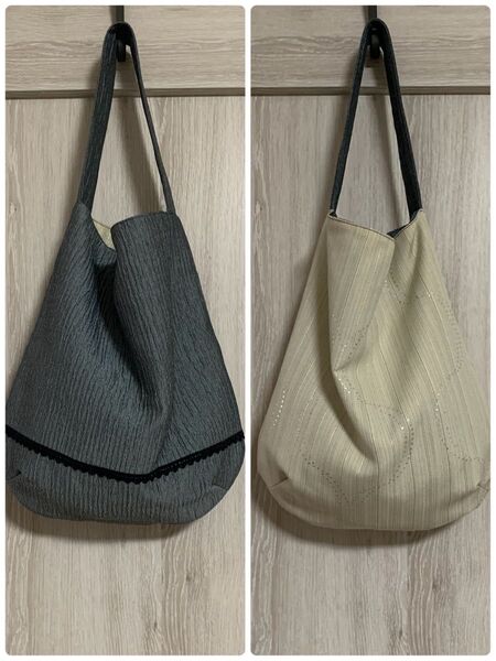ハンドメイド ワンハンドル リバーシブル ショルダートートバッグ エコバッグ No.62 楊柳グレー×シルバードット柄