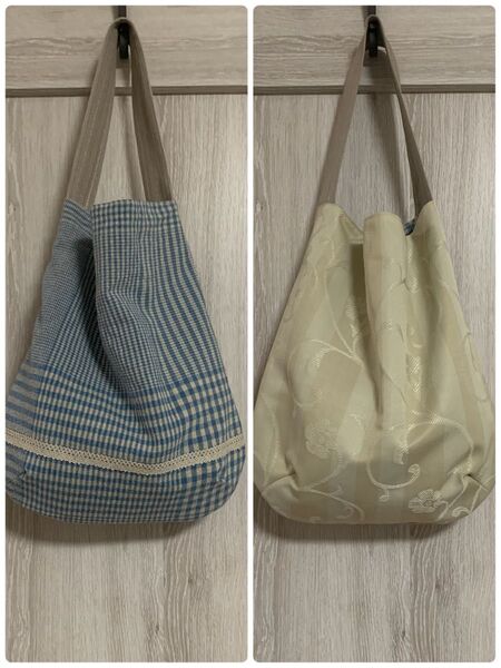 ハンドメイド ワンハンドル リバーシブル ショルダートートバッグ エコバッグ No.64 変わりギンガムブルー×ボタニカル織柄