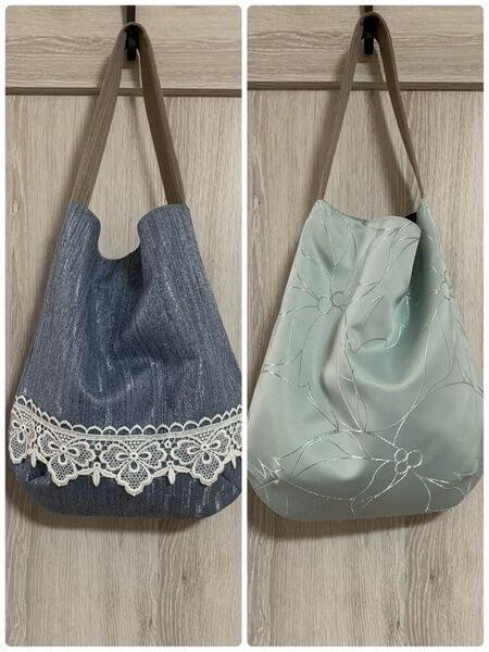 ハンドメイド ワンハンドル リバーシブル ショルダートートバッグ エコバッグ No.65 ブルー生地レース×グリーン花織柄