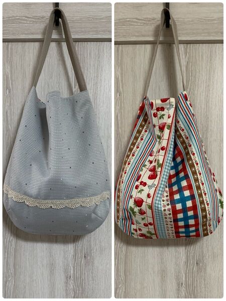ハンドメイド ワンハンドル リバーシブル ショルダートートバッグ エコバッグ No.66 ドット織柄グレー×いちごプリント柄