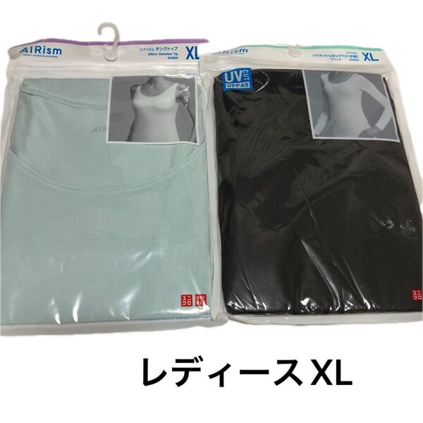 UNIQLO ユニクロ エアリズム タンクトップ グリーン UVカット UネックT 八分袖 黒 2点セット