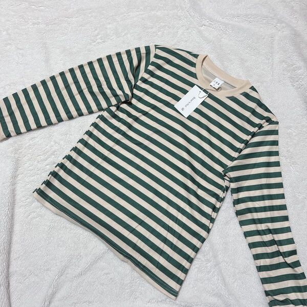 ボーダー柄 長袖Tシャツ XLサイズ グリーン×ベージュ 新品未使用 Tシャツ 長袖Tシャツ ロンT ボーダー