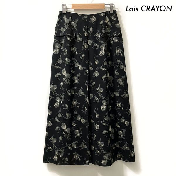 Lois CRAYON ロイスクレヨン★花柄 ロングスカート センタープリーツ ブラック 黒