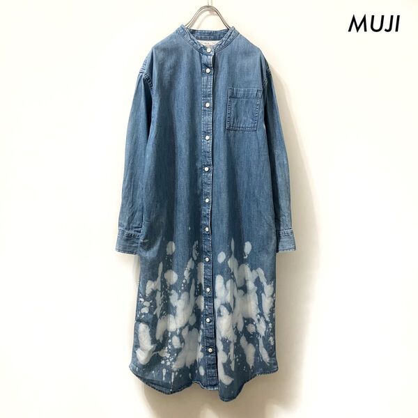 MUJI 無印良品★長袖デニムシャツワンピース ブリーチ加工 リメイク XS-Sサイズ