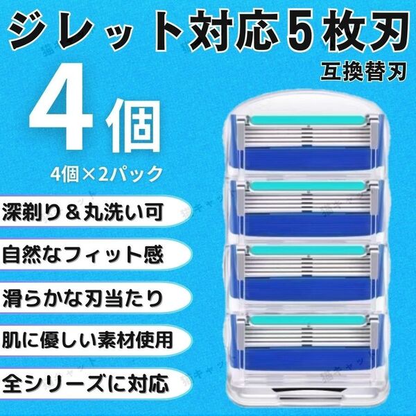 【4個】ブルー ジレットフュージョン 替刃 5枚刃 カミソリ 互換品 Gillette プログライド シェービング 髭剃り 剃刀