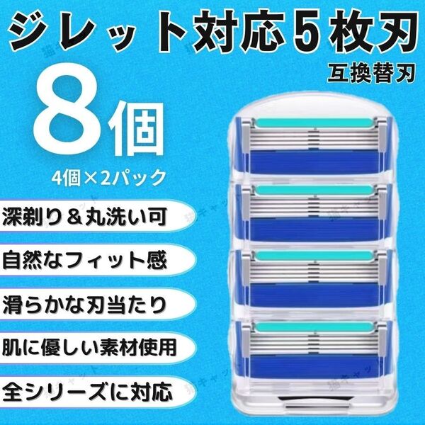 【8個】ブルー ジレットフュージョン 替刃 5枚刃 カミソリ 互換品 Gillette プログライド シェービング 髭剃り 剃刀