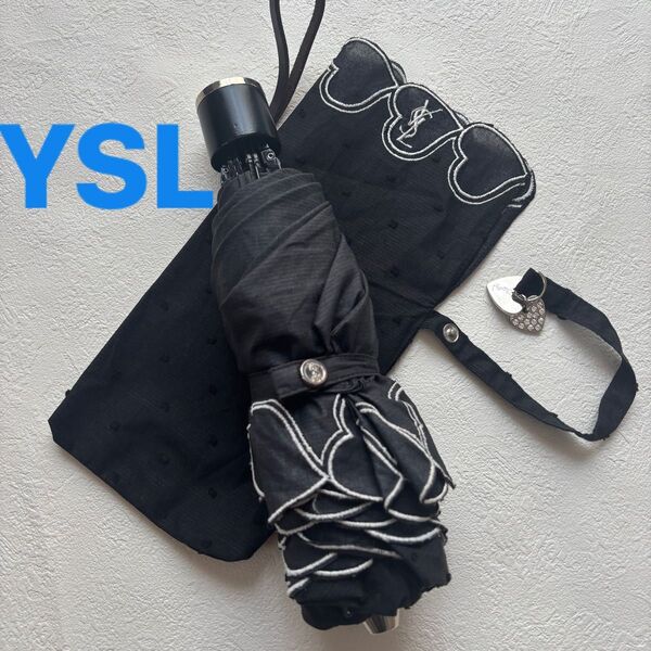 YSL イブサンローラン 折り畳み傘 日傘 ブラック ハート ドット
