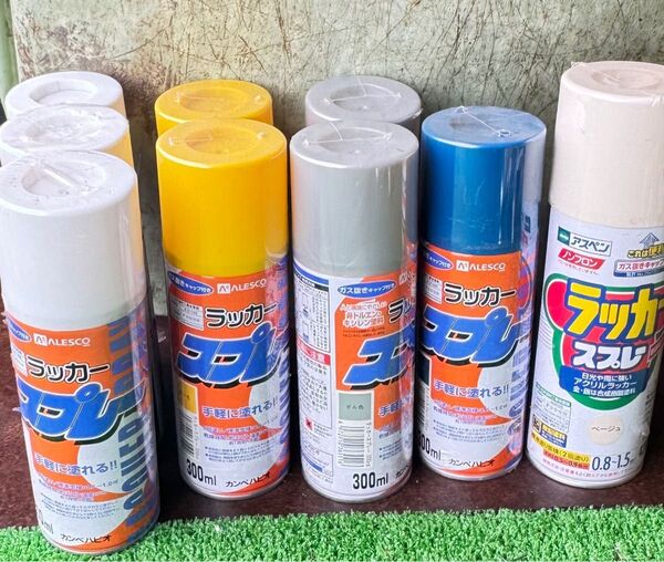 新品未使用品 ALESCO ラッカースプレー まとめ売り 白色3本 黄色2本 青色1本 ベージュ色1本 全5色 塗装 速乾性 5食