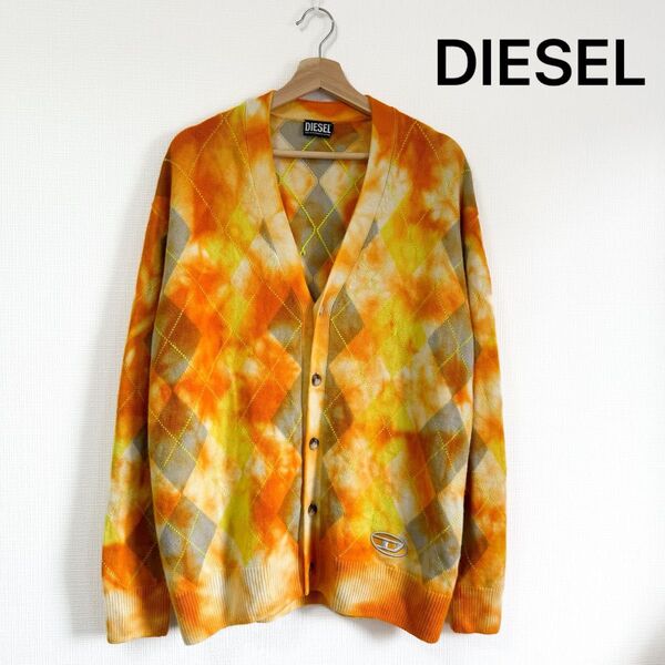 DIESEL メンズ M L イエロー ニットカーディガン チェック オレンジ 長袖 Vネック