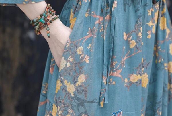 ロング ワンピース 七分袖 花柄 Vネック 体型カバー ウエストマーク